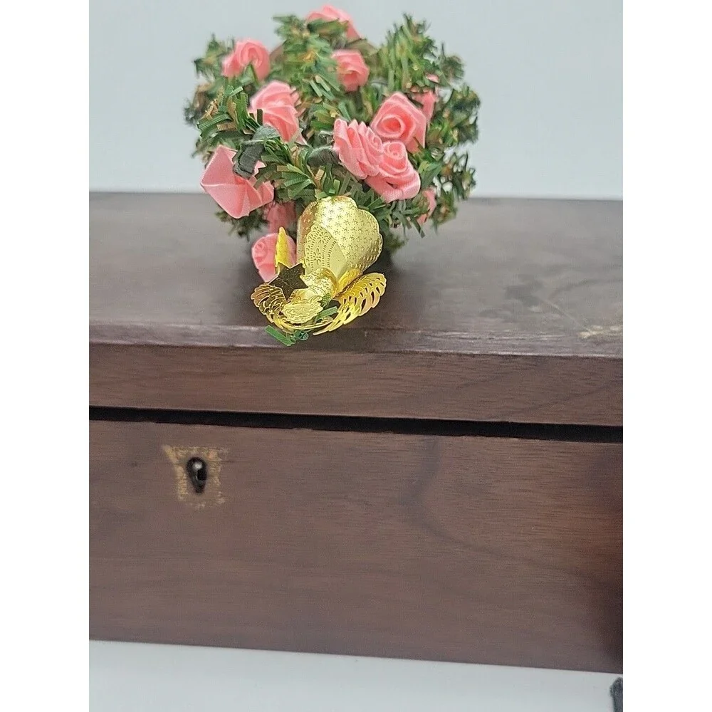 Vtg Pink Satin Rose Mini Christmas Tree With Gold Angel Topper Tiny House Small